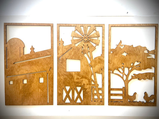Farm Scene Wood Wall Art | Rooster & Chicken | 3-Panel Set | Multiple Sizes & Finishes