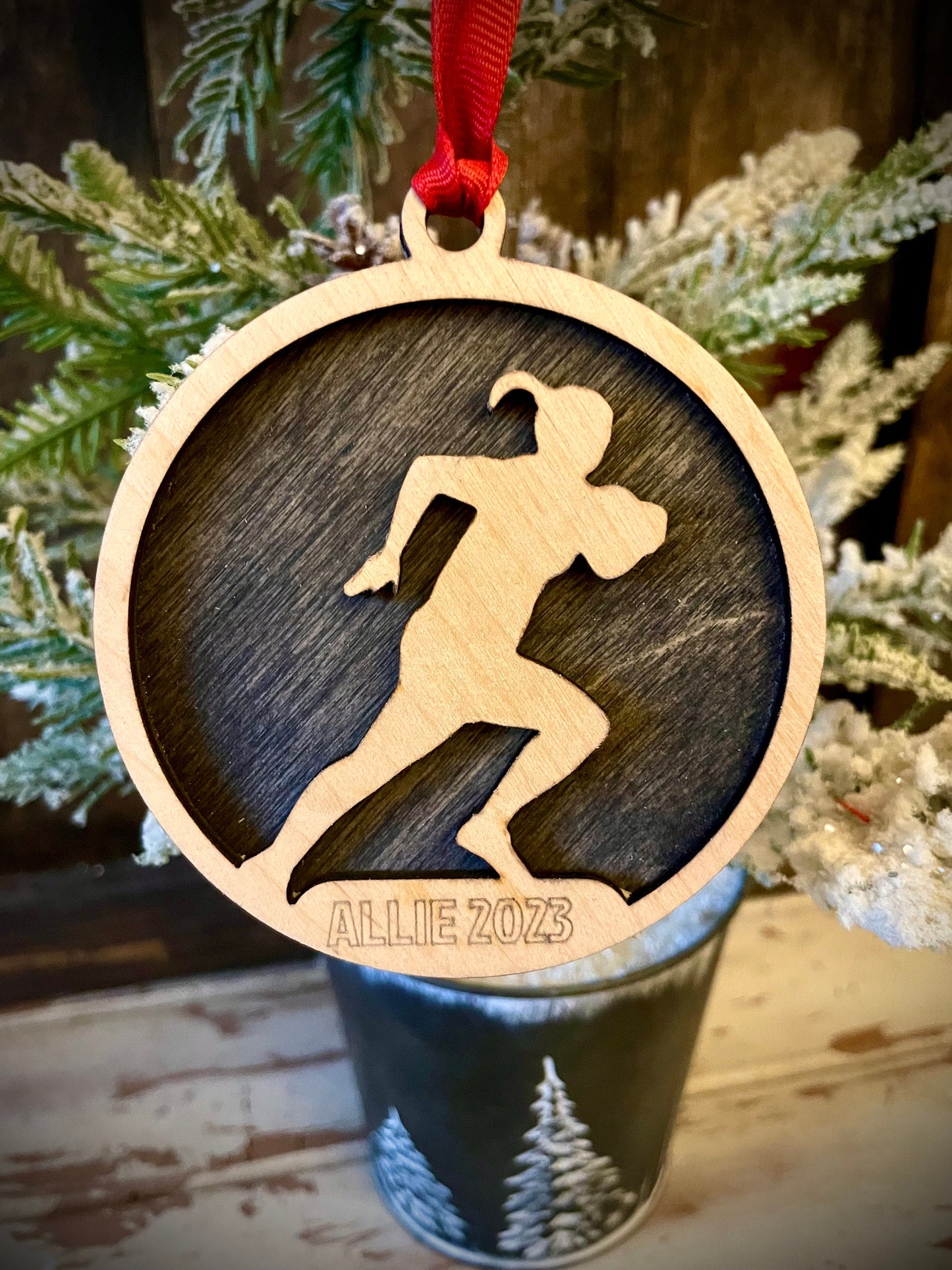 Female rugby player 2-layer personalized laser cut wood Christmas ornament, gift tag available unfinished or stained #3