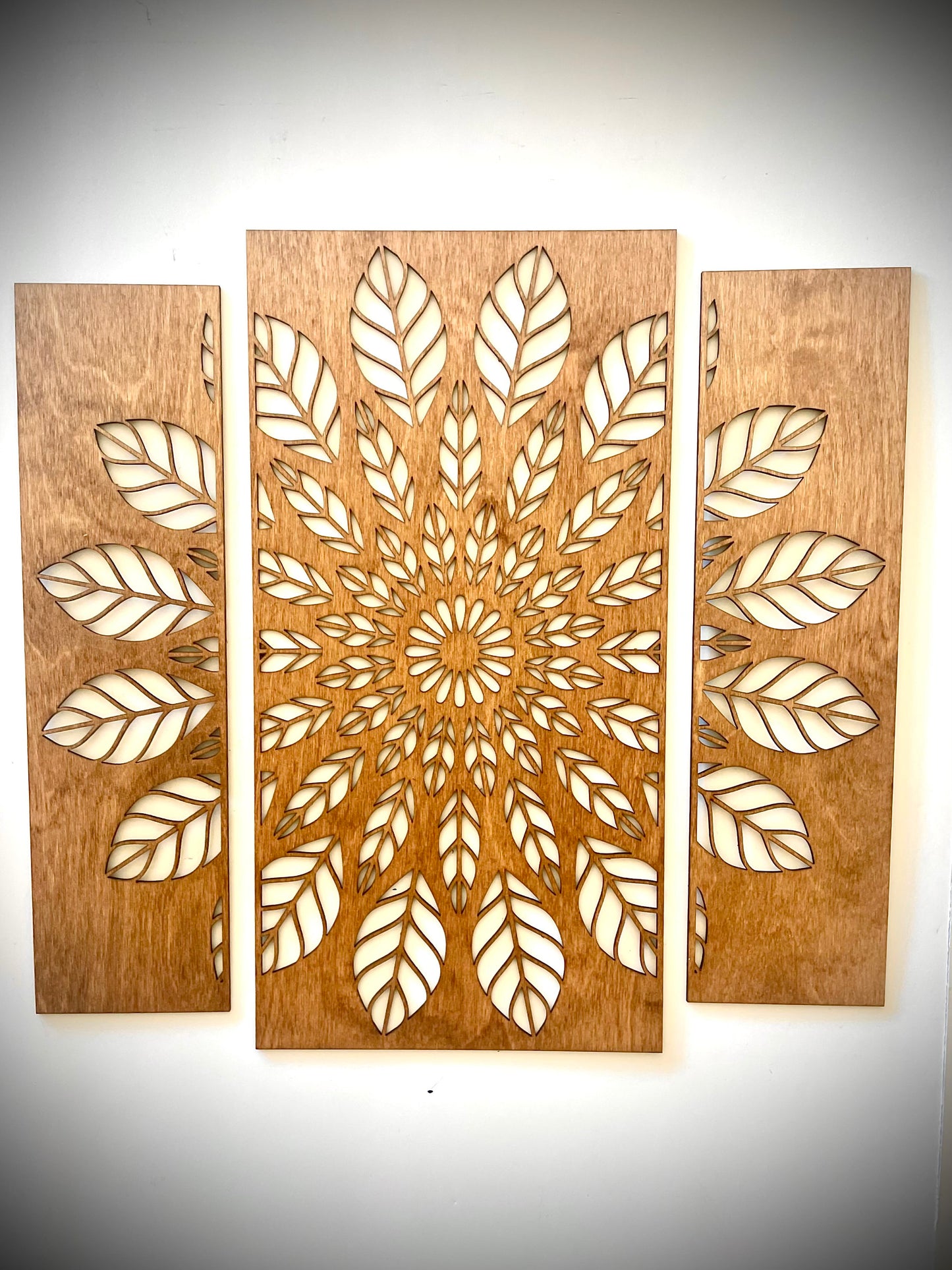 Boho Leaf Mandala Wood Wall Art | 3-Panel Set | Multiple Sizes & Finishes | Style 1