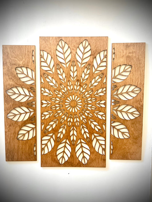 Boho Leaf Mandala Wood Wall Art | 3-Panel Set | Multiple Sizes & Finishes | Style 1