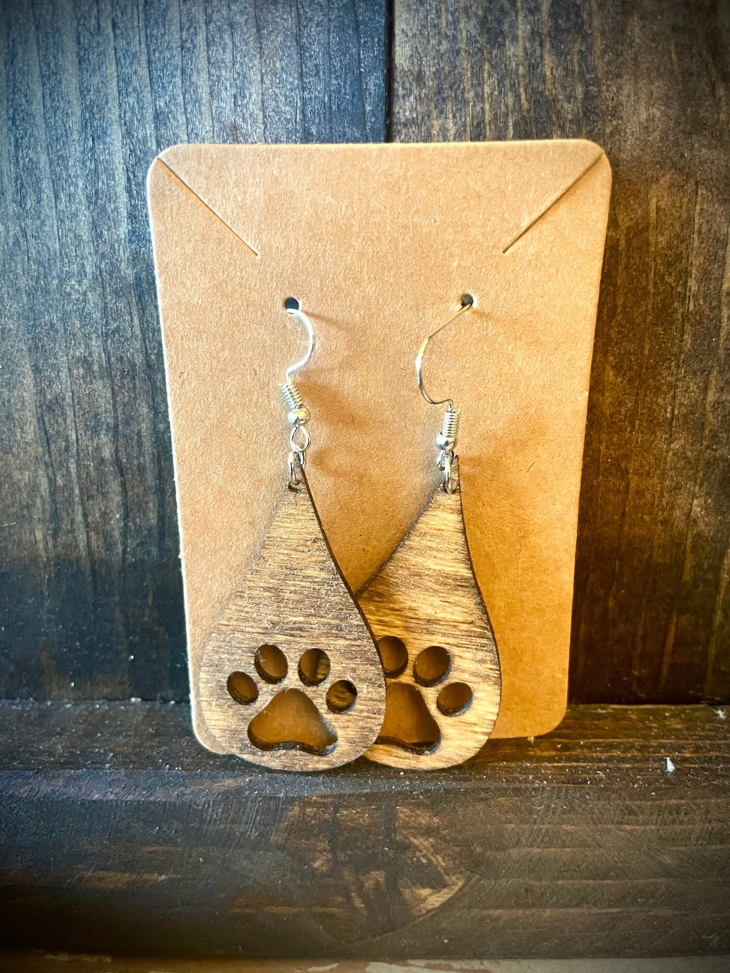 Dog Paw Teardrop Wood Dangle Earrings | Cut Out or Engraved | 3 Sizes, 12 Finishes