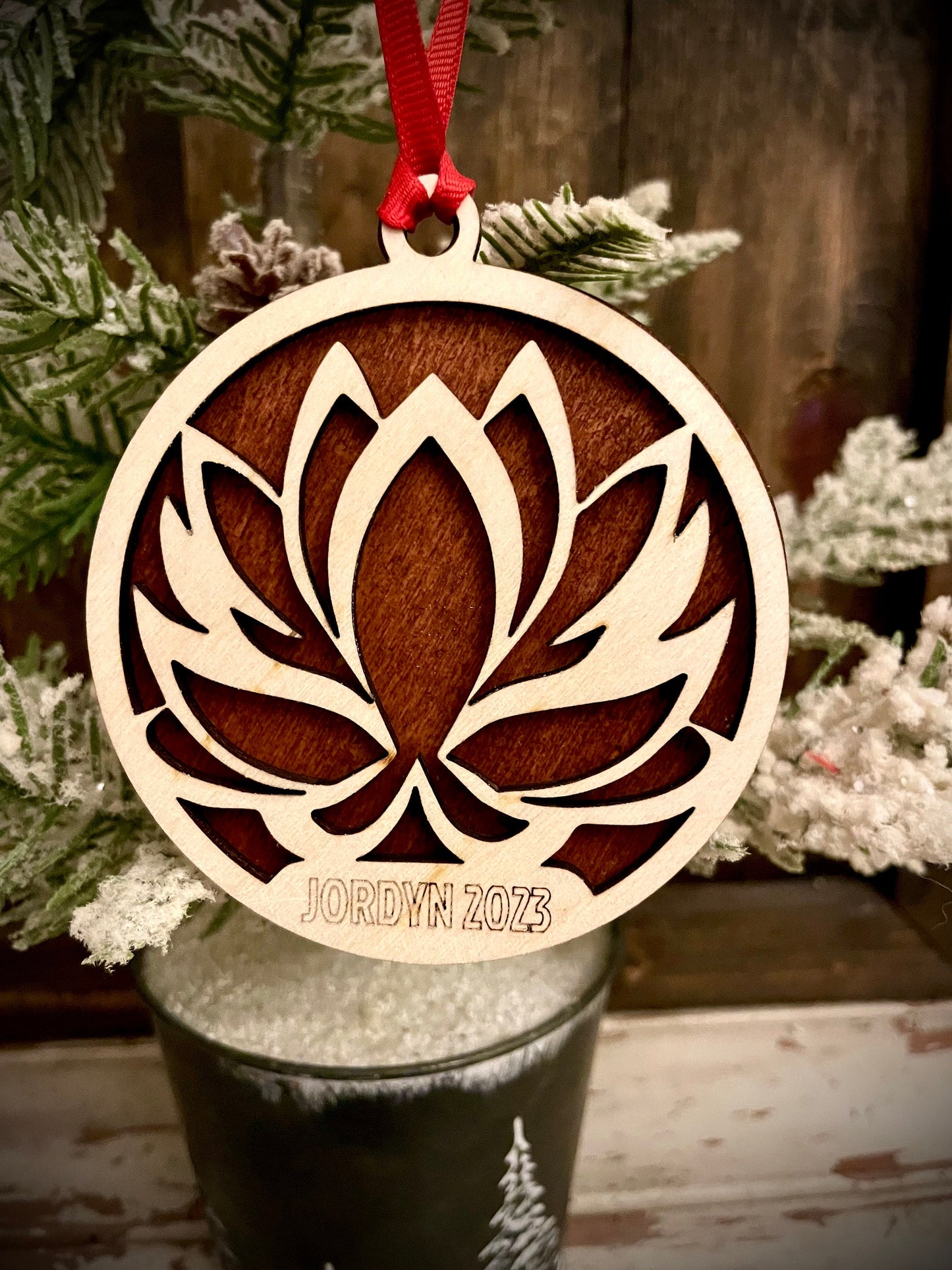 Lotus Flower Personalized 2-Layer Wood Christmas Ornament & Gift Tag | Multiple Finishes | Yoga Gift