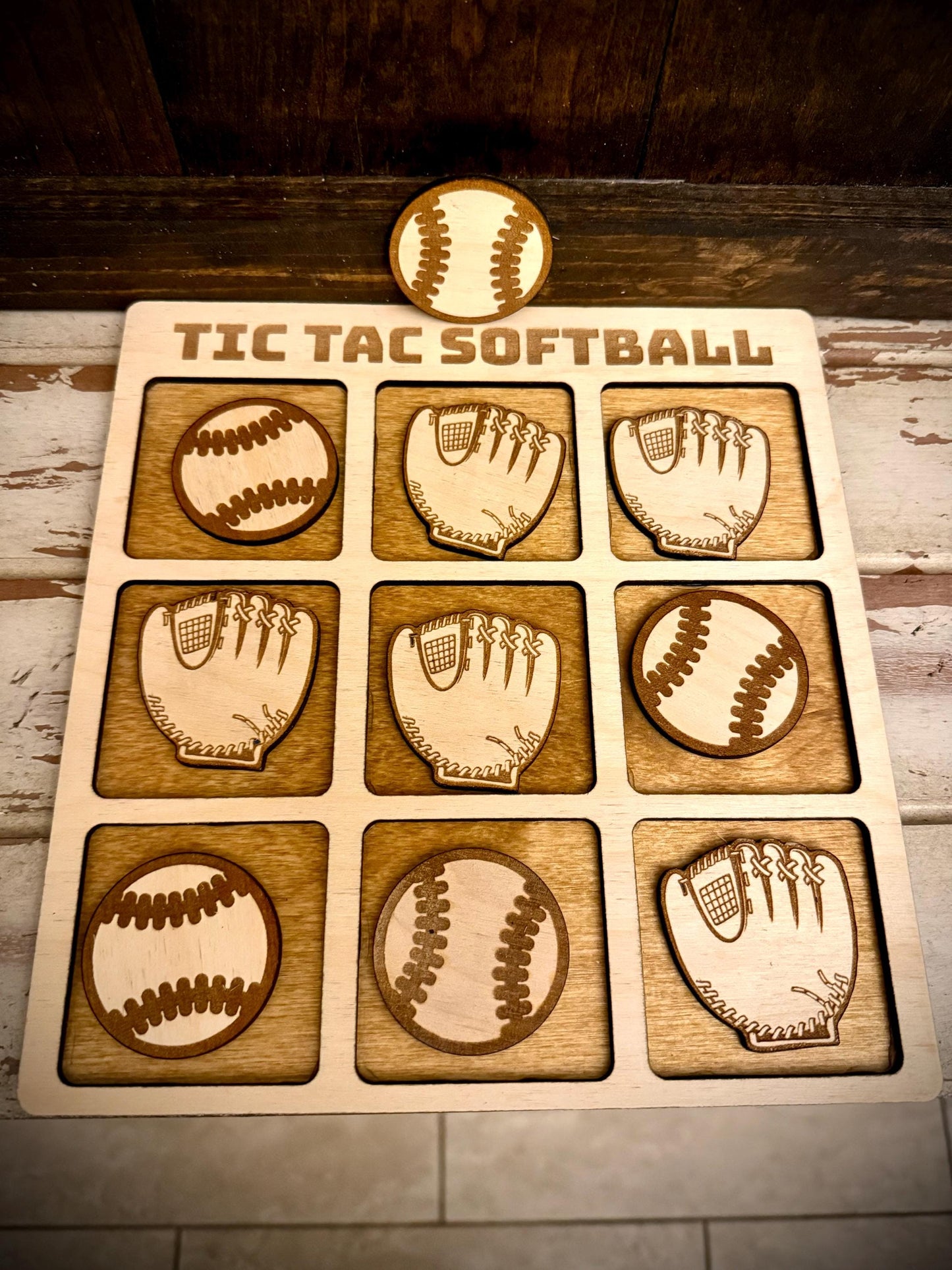 Tic Tac Softball Wood Game | Laser Engraved | 12 Finishes | Softball Gift