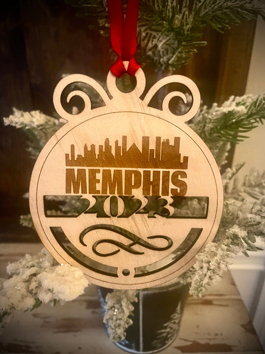 Memphis Skyline Wood Ornament | Choice of Year | 4" x 4.75" | Travel Souvenir Gift