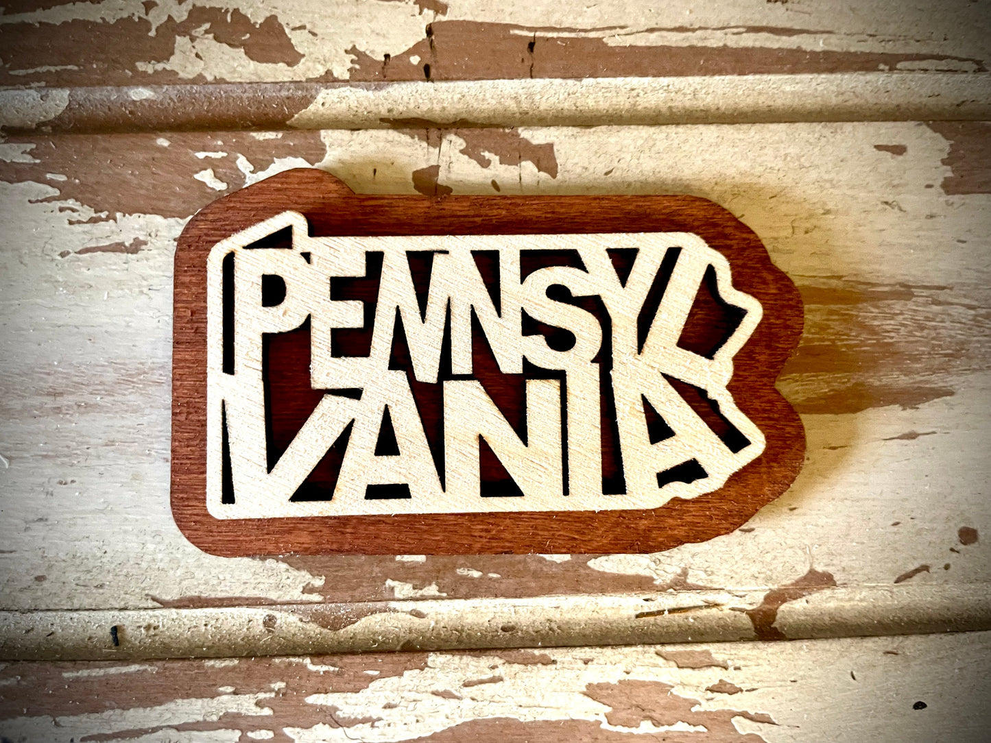 Pennsylvania Word Art 2-Layer Wood Refrigerator Magnet | 12 Finishes | State Pride Gift