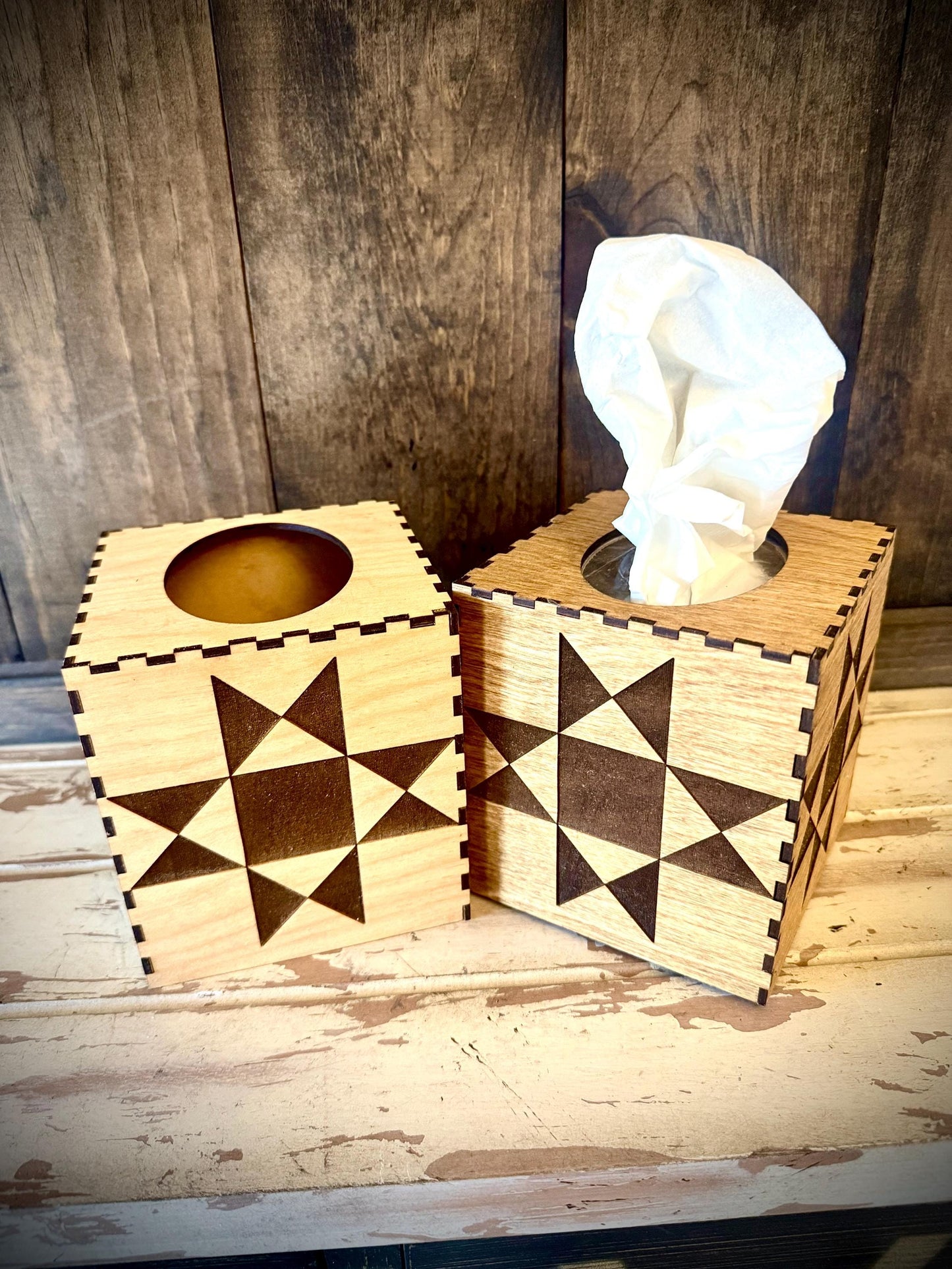 Quilt Pattern Engraved Wood Tissue Box Cover | Square, Oblong & Costco Sizes | 12 Finishes