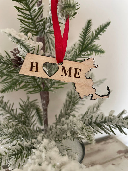 Massachusetts HOME Wood Ornament & Gift Tag | 12 Finishes | State Pride Gift