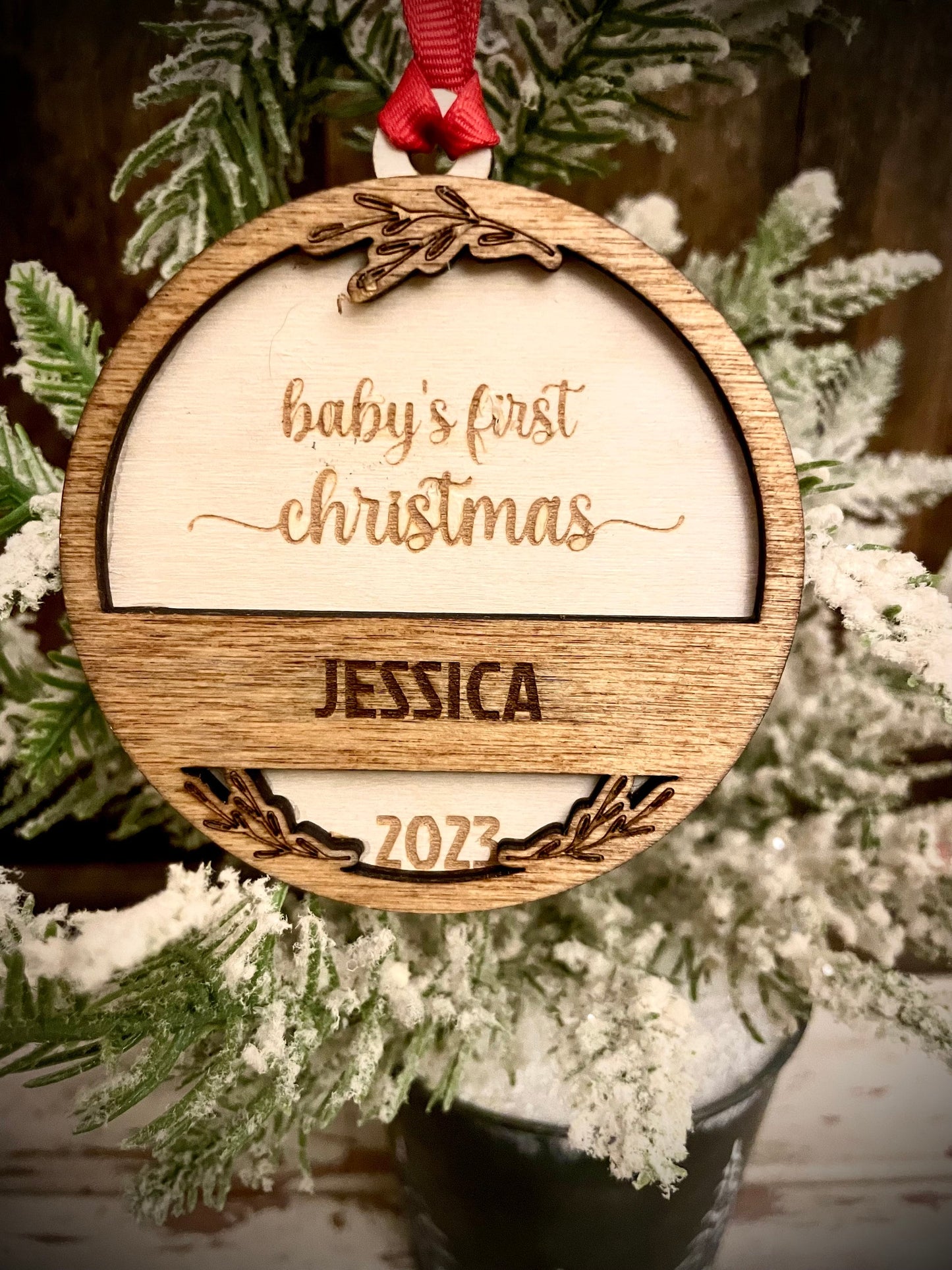 Baby's First Christmas Personalized 2-Layer Wood Christmas Ornament & Gift Tag | Multiple Finishes | Baby Gift