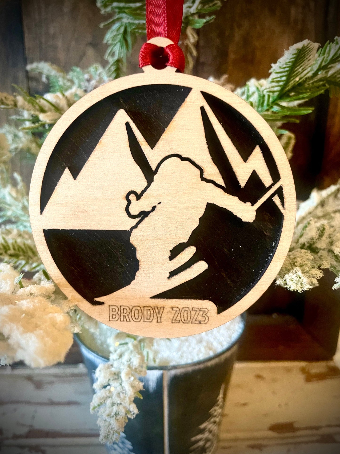 Skier Skiing Personalized 2-Layer Wood Christmas Ornament & Gift Tag | Multiple Finishes | Skiing Gift (#4)