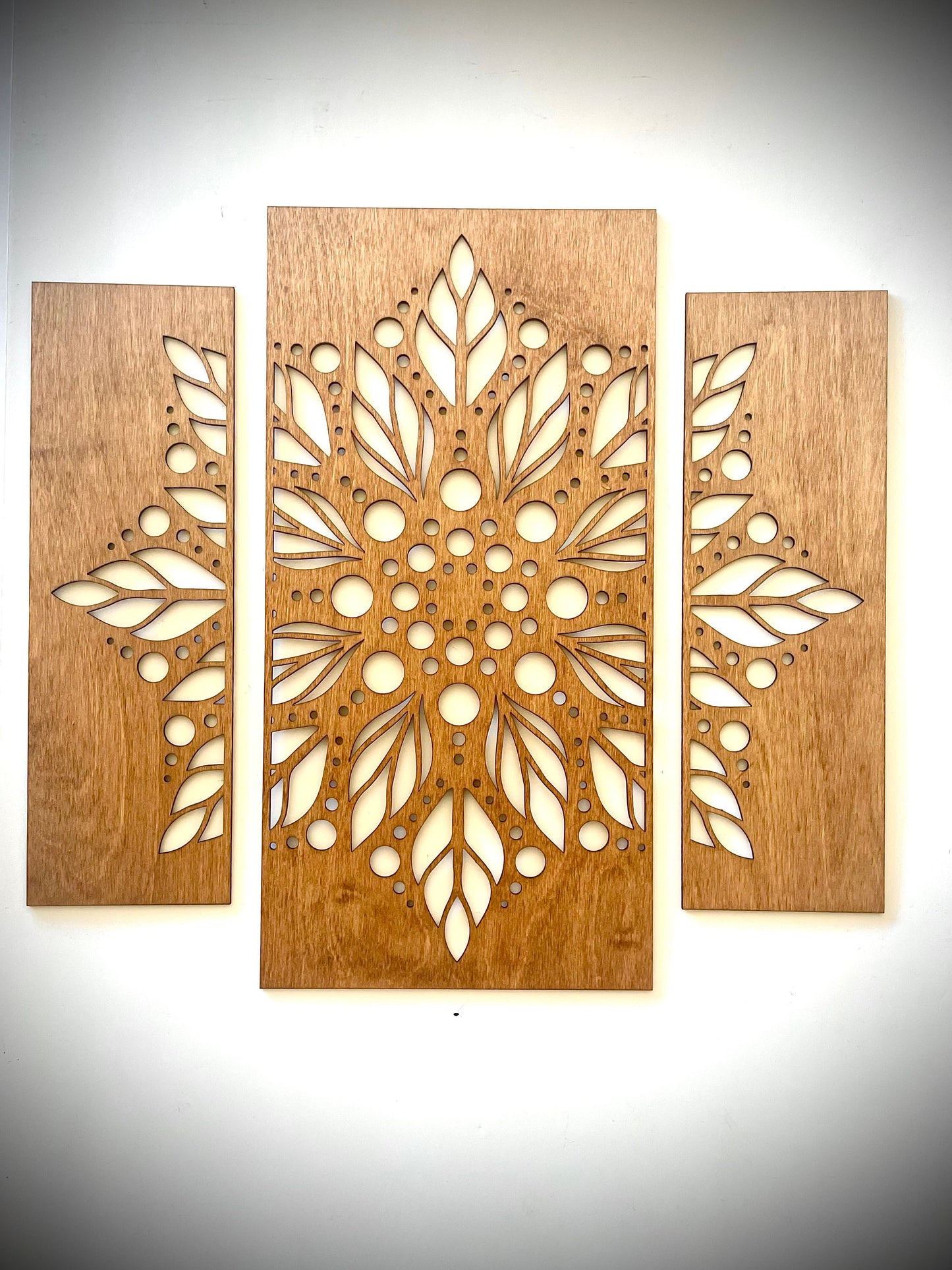 Boho Modern Leaf Mandala Wood Wall Art | 3-Panel Set | Multiple Finishes