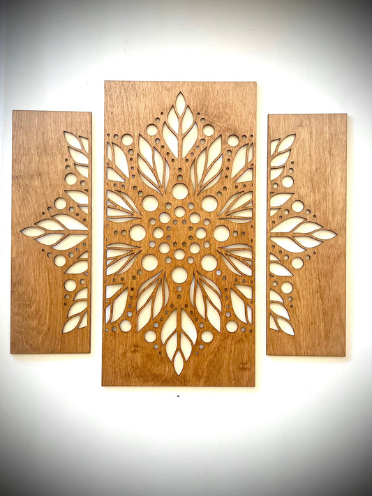 Boho Modern Leaf Mandala Wood Wall Art | 3-Panel Set | Multiple Finishes
