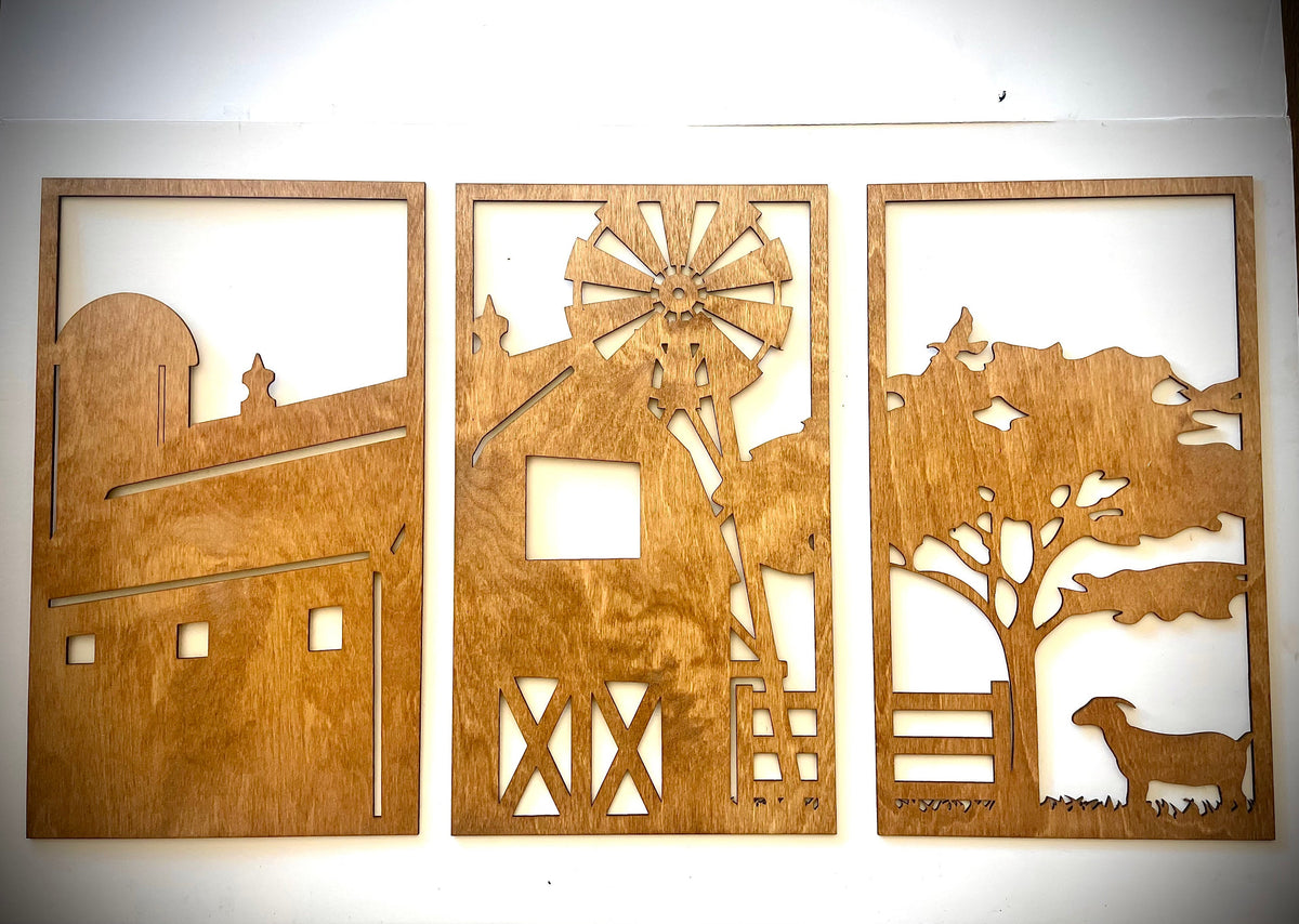 Farm Scene with Goat & Barn 3-piece decorative wall panel set, front view