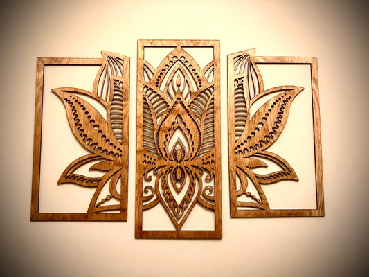 Lotus Flower Mandala Wood Wall Art | 3-Panel Set | Multiple Sizes & Finishes
