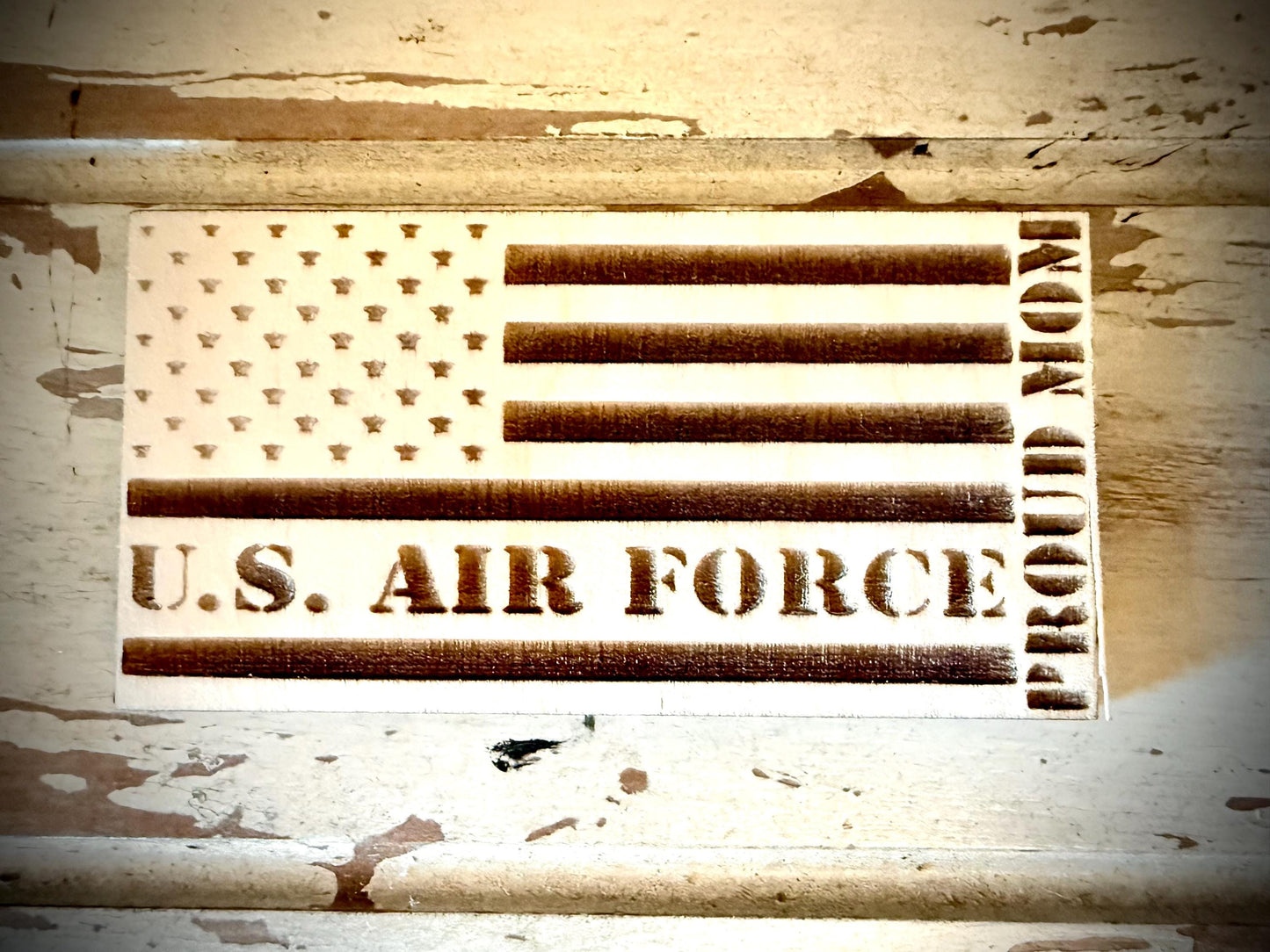US Air Force Proud Mom Laser Engraved US Flag Wood Refrigerator Magnet | 4" x 2.1" | Military Gift
