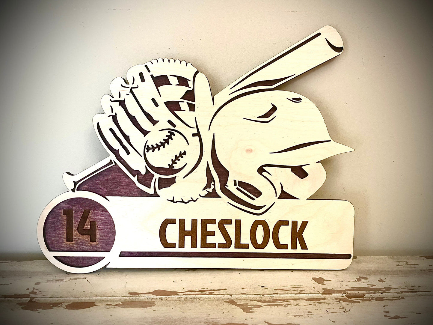 Custom Baseball Wood Plaque | Player Name & Number Engraved | Glove & Bat Design