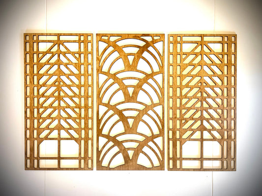 Boho Modern Art Deco Art Deco Curves wood wall art, 3 panel set in multiple finishes. Set -P