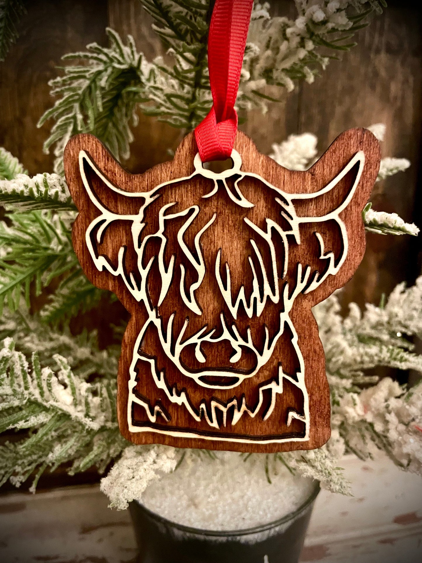 Highland Cattle Scottish Highland 2-Layer Wood Christmas Ornament & Gift Tag | Multiple Finishes | Farm Animal Gift