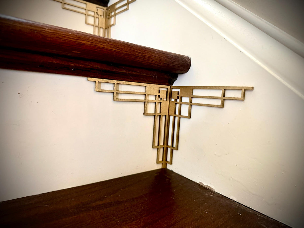 Orbit-art deco staircase corner accents / embellishments (set of 4) in natural or other finishes- set AJ