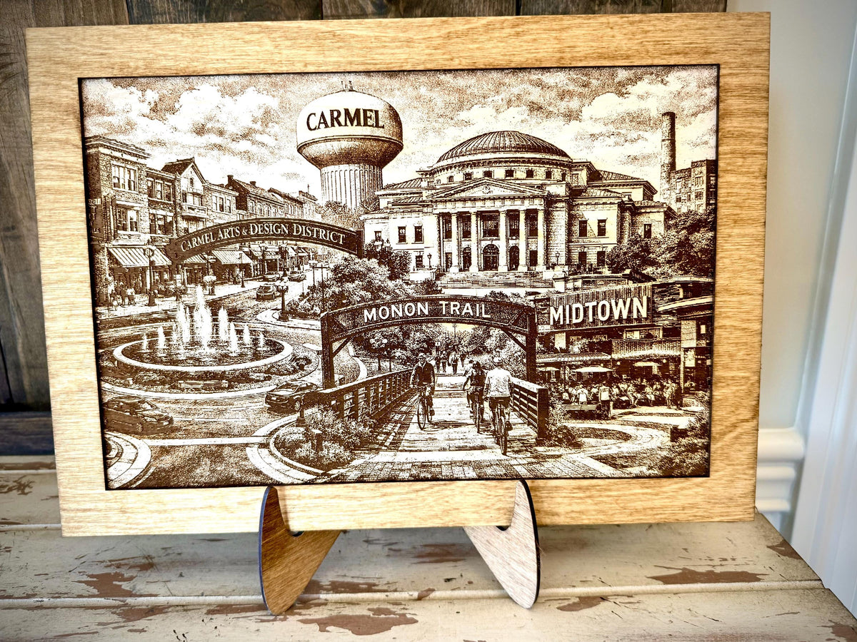 Carmel Indiana montage framed engraving with optional easel
