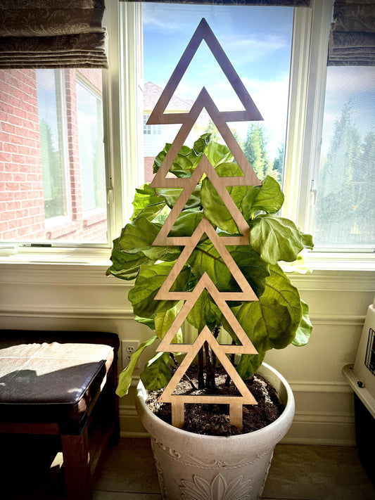 Natural stain Colossal Stacked Triangle indoor plant trellis supporting a large leafy houseplant in a white pot beside a bright window