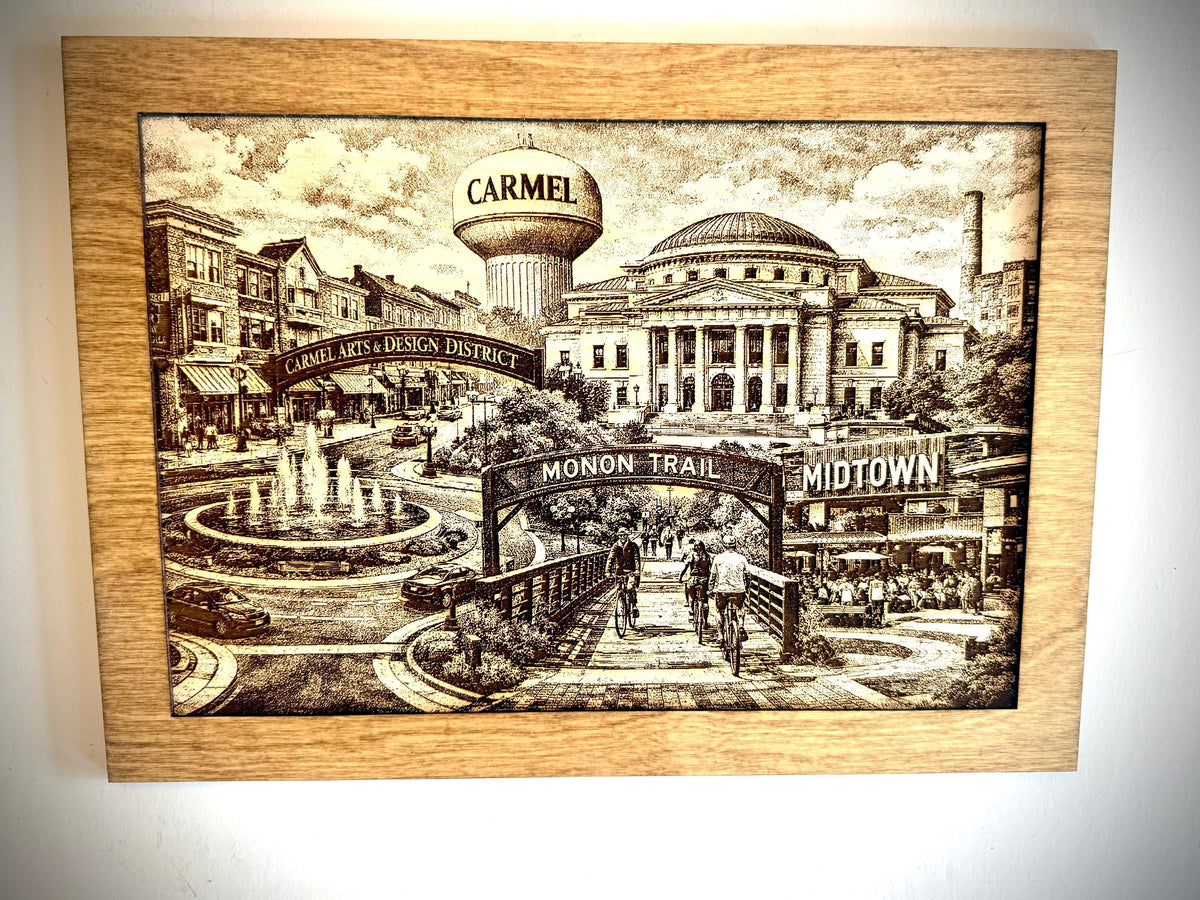 Carmel Indiana montage framed engraving with optional easel