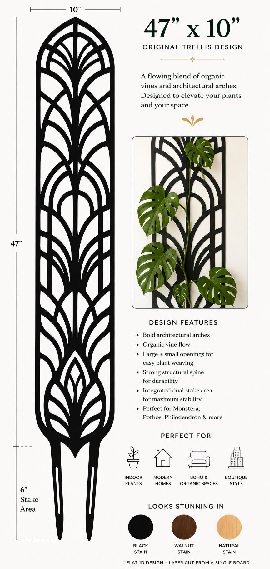 Infographic for the Colossal Colloquial Arch Trellis showing its 47-inch height, 10-inch width, 6-inch stake area, flowing architectural arch design, plant-support features, and suitability for monstera, pothos, philodendron, and other indoor plants.