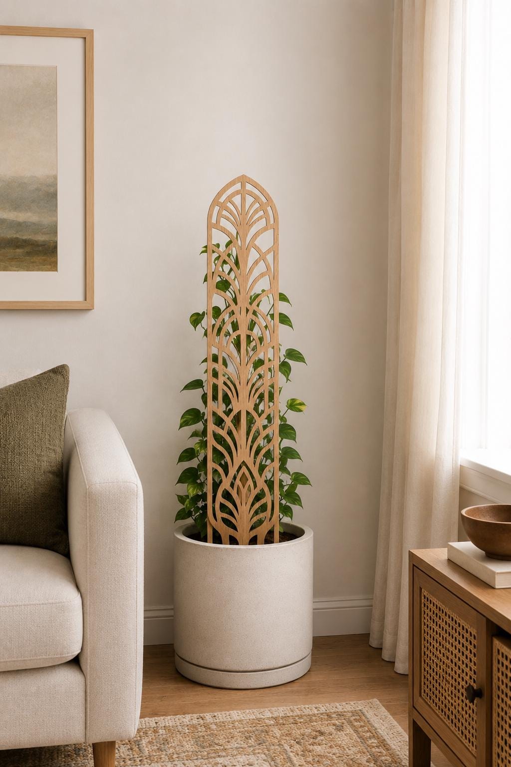 Colloquial arch plant trellis supporting a leafy climbing houseplant in a white planter beside a cream armchair and bright window in a modern living room.