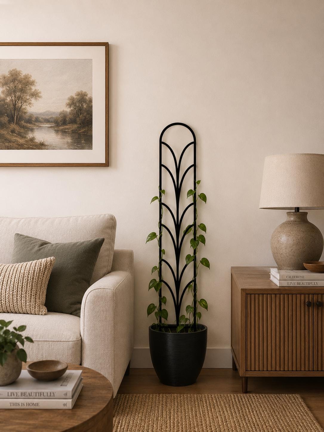 Black Colossal Fountain indoor plant trellis supporting a young climbing houseplant in a black pot beside an armchair and wooden cabinet
