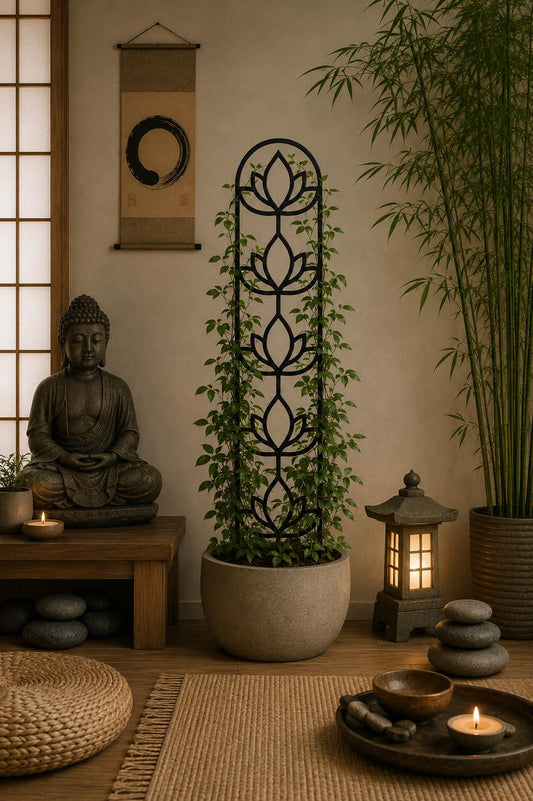 Black Colossal Stacked Lotus indoor plant trellis supporting a climbing houseplant in a cream pot within a peaceful meditation room