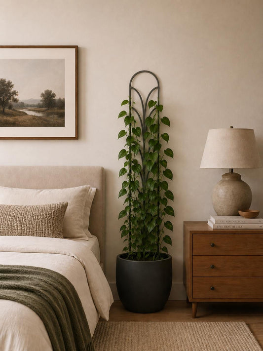 Colossal Fountain indoor plant trellis supporting a tall climbing houseplant in a black pot beside a bed and wooden nightstand
