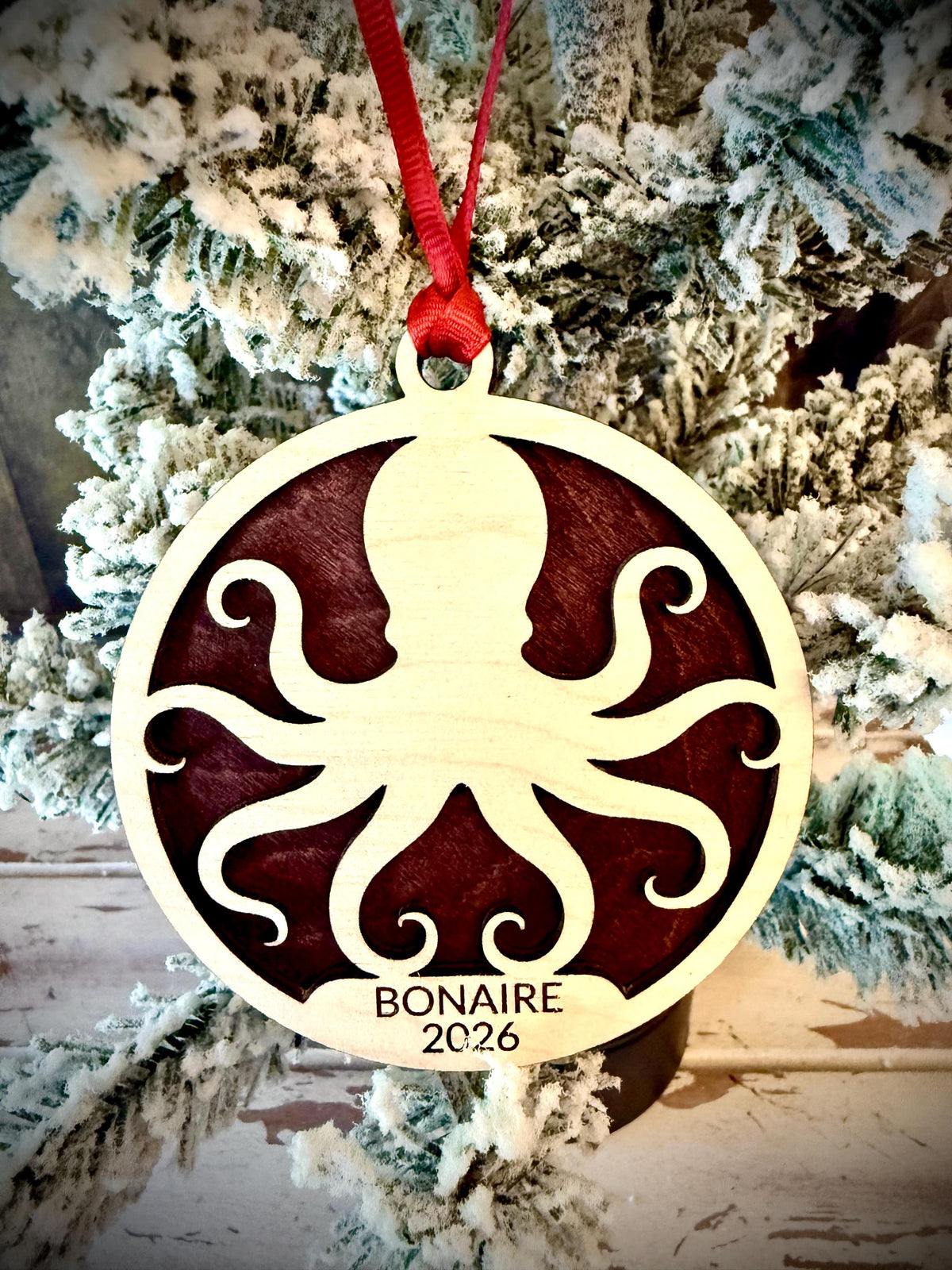 Octopus Personalized 2-Layer Wood Christmas Ornament & Gift Tag | 12 Finishes