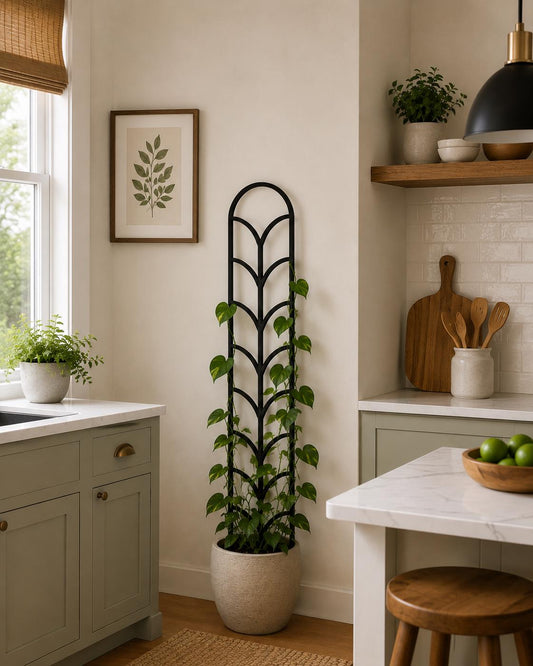 Cascade-pattern plant trellis supporting a climbing houseplant in a white textured pot, displayed in a bright kitchen beside a window, cabinets, and a kitchen island.
