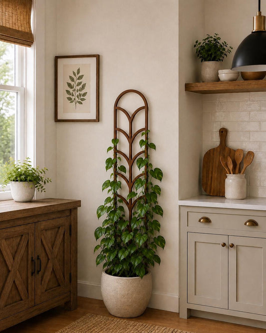 Cascade-pattern wooden plant trellis supporting a leafy climbing houseplant in a white textured pot, styled in a bright kitchen corner beside a window and framed botanical print.