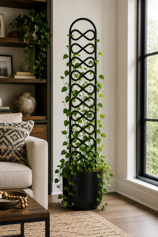 Tall infinity-pattern plant trellis supporting a trailing green houseplant in a black pot beside a large window, next to a cream sofa in a modern living room.