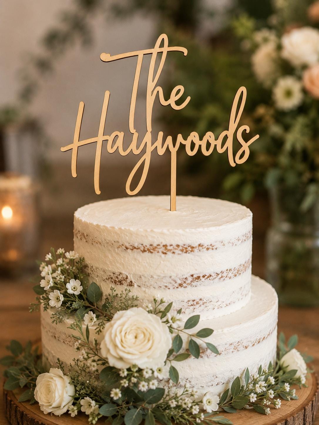 Close-up of a personalized wood script last name cake topper on a wedding cake