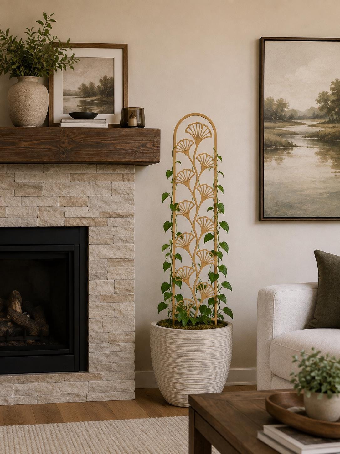 Colossal Ginkgo indoor plant trellis supporting a climbing houseplant in a styled living space
