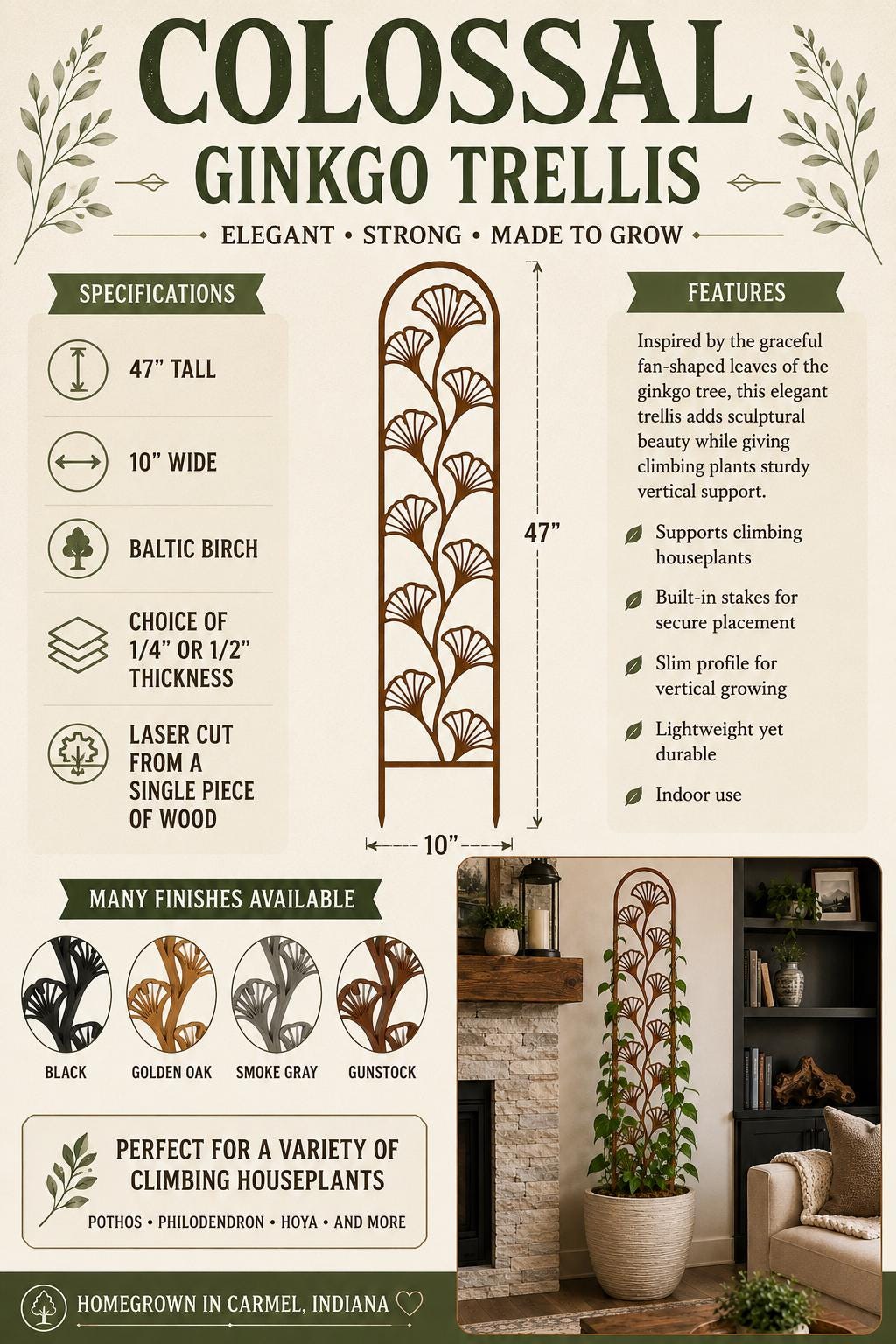 Infographic for the Colossal Ginkgo Trellis by Downsized Designs showing 47-inch and 29-inch sizes, Baltic birch construction, laser-cut design, thickness options, available finishes, and indoor use