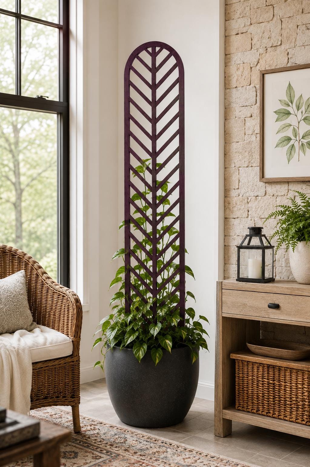Colossal Herringbone plant trellis in dark cherry finish supporting a lush climbing plant in a black pot, displayed in a bright boho living room with wicker chair and exposed brick wall