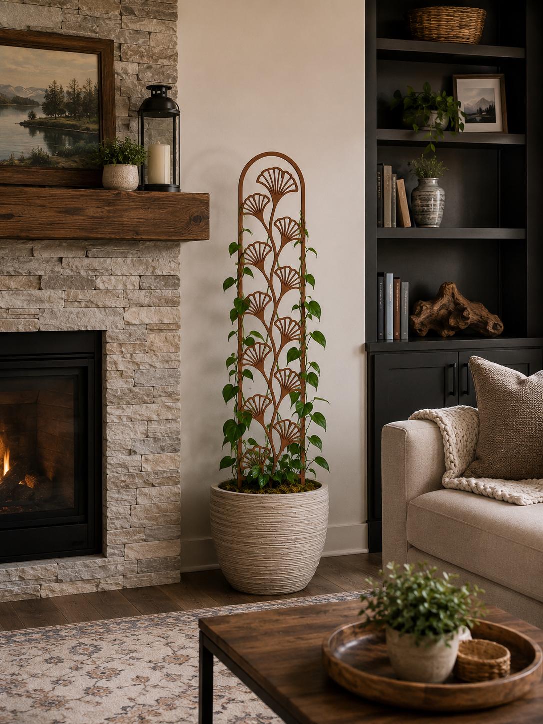 Colossal Ginkgo indoor plant trellis supporting a climbing houseplant in a styled home interior