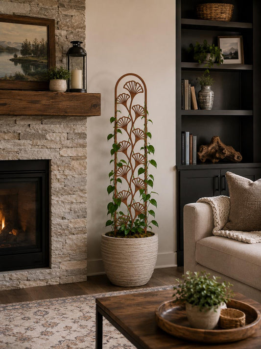 Colossal Ginkgo indoor plant trellis supporting a climbing houseplant in a styled home interior
