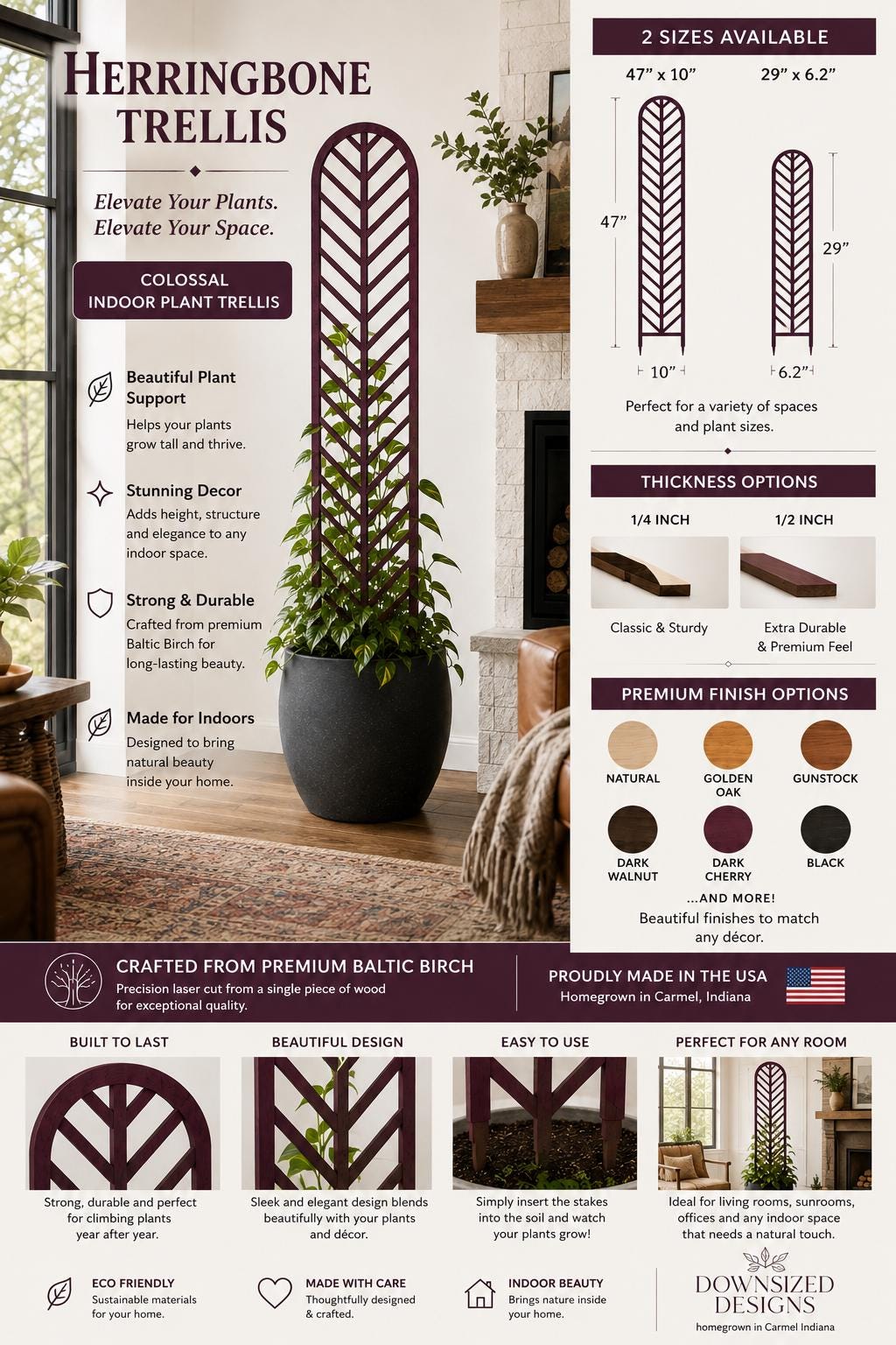 Infographic for the Colossal Herringbone Trellis by Downsized Designs showing two sizes (47x10 inch and 29x6.2 inch), thickness options, premium finish colors, and features including Baltic birch construction, laser-cut precision, and indoor use