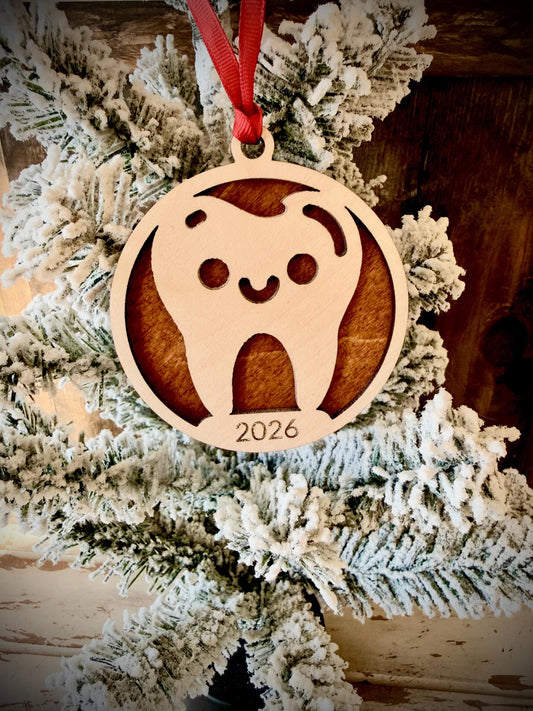 Tooth Dentist Personalized 2-Layer Wood Christmas Ornament & Gift Tag | Multiple Finishes | Dentist Gift