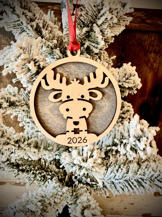 Cute Moose Personalized 2-Layer Wood Christmas Ornament & Gift Tag | Multiple Finishes | Woodland Gift